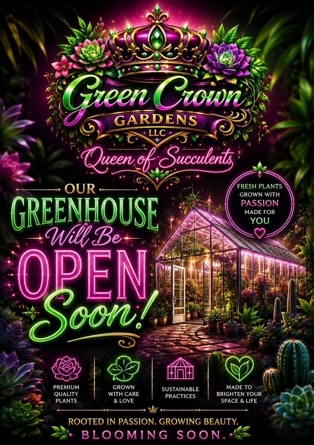 Green Crown Gardens illuminated greenhouse opening soon